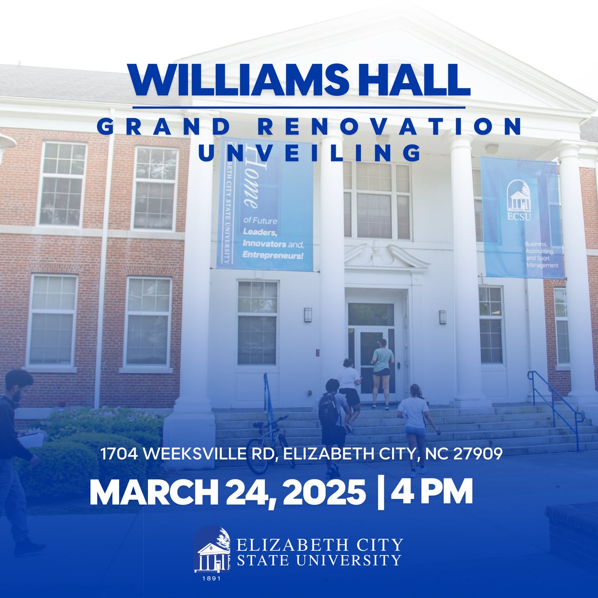 ECSU's tweet photo. You’re invited! Join us for the Grand Renovation Unveiling of Williams Hall at Elizabeth City State University!
Faculty, staff, and students—come celebrate this exciting transformation and see the newly renovated space. We look forward to seeing you there! #ECSU #ToLiveIsToLearn https://t.co/LJjtCsndvX