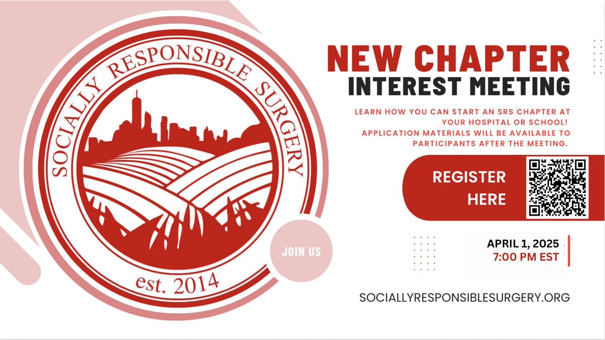SurgicalEquity's tweet image. Interested in starting a SRS chapter at your institution? Attend our interest meeting on April 1st at 7 PM EST to learn about the new chapter application process and receive application materials!

Register here: bostonu.zoom.us/meeting/regist…