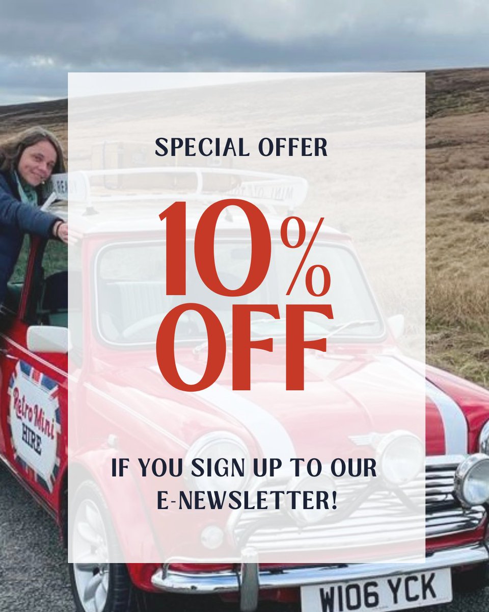Special Offer Alert!
Sign up for our e-newsletter today and get 10% off your next booking!
Sign up now and start saving! 
Follow the link o to sign up! retrominihire.com/newsletter

#SpecialOffer #SignUpAndSave #NewsletterPerks #ExclusiveDeal #SaveBig #CarBooking