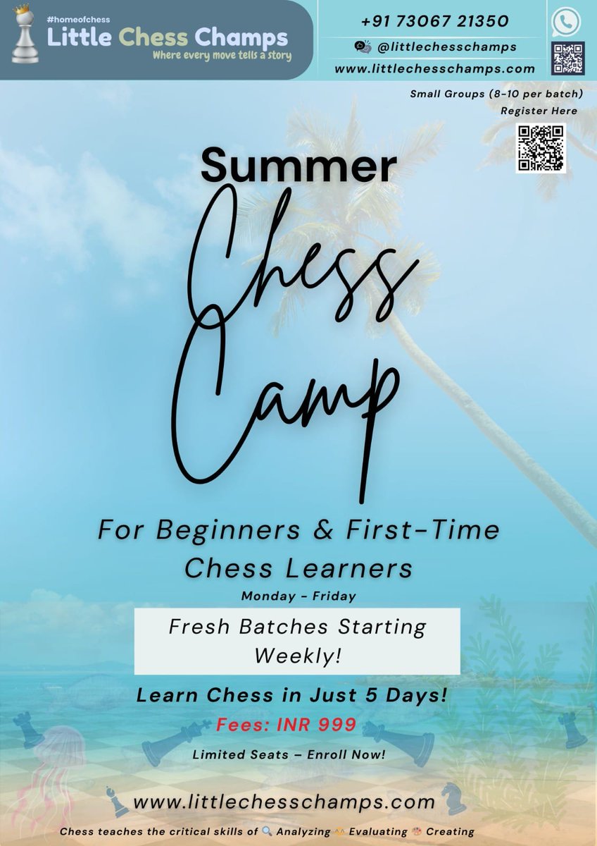 ☀Online Chess Camp for First-Time Learners ☀
🎟 Ticket Details – Online Chess Camp 🎟
🔹 Duration: 5 Days (Monday to Friday)
🔹 Mode: Online Live &amp; Interactive Chess Workshops
🔰Enroll  : littlechesschamps.com/r/mtR