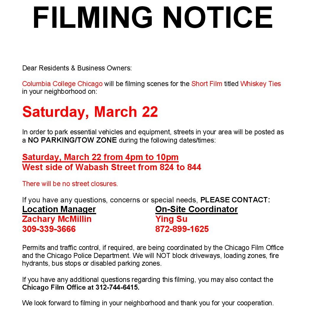 -Film Notice-
This Saturday, March 22, there will be a no parking / tow zone on the west side of the 800 block of Wabash to allow for filming. Please look out for signage to avoid towing. For any concerns during filming, please contact the location manager, contact info below
