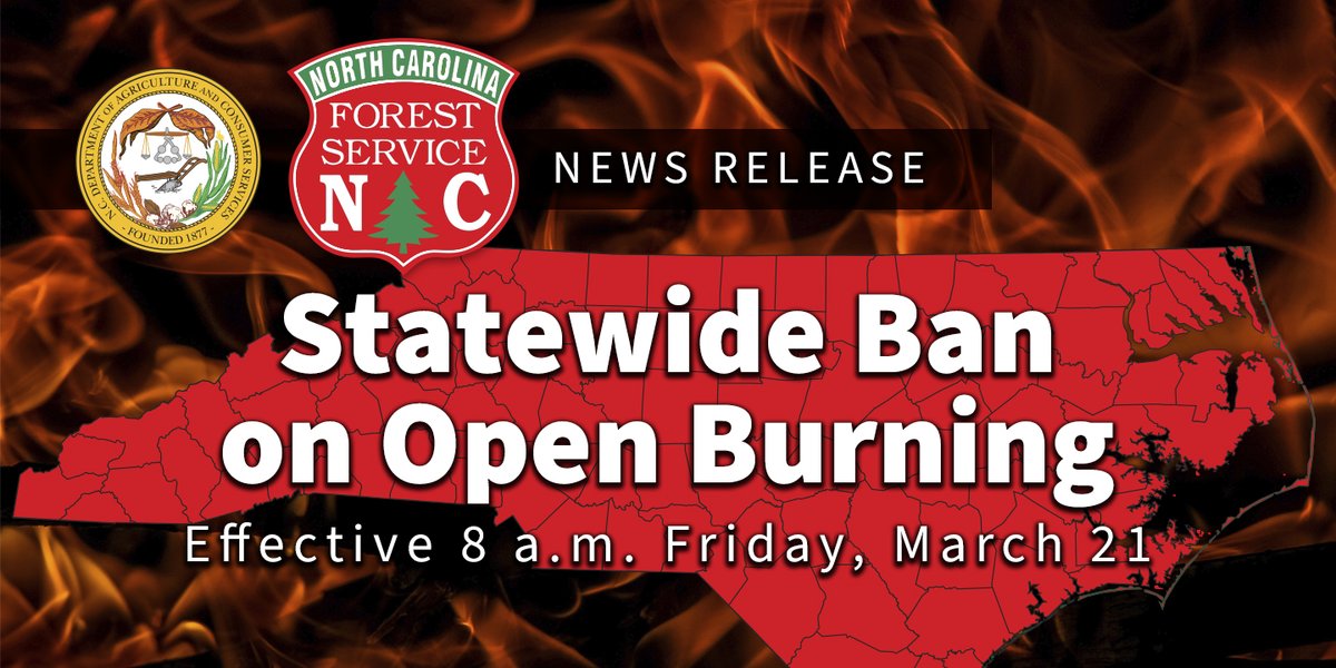 Due to increased fire risk, the N.C. Forest Service has issued a ban on all open burning and has canceled all burning permits statewide effective 8 a.m. Friday, March 21 until further notice.
Read news release: ncagr.gov/news/press-rel…