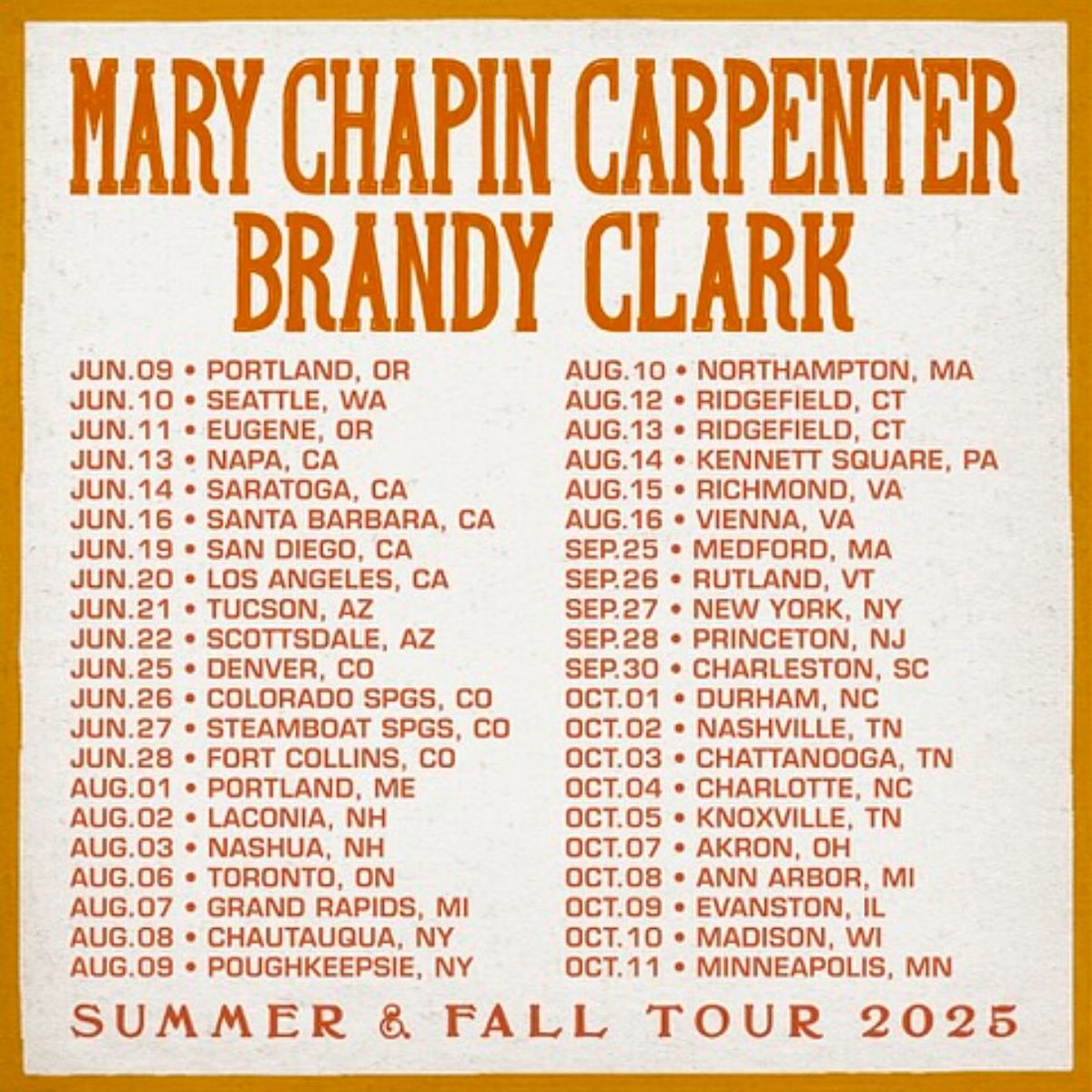 I’ll be sharing the stage this summer and fall with one of my favorite artists and favorite people #marychapincarpenter  Come see us on the road!!!!!
#BrandyClark #SummerAndFallTour2025