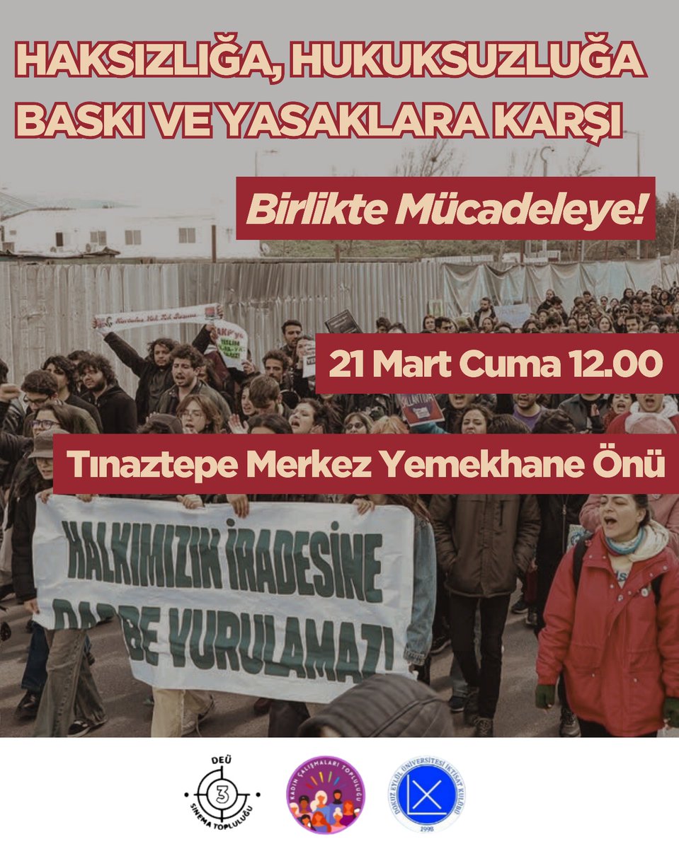 İktidarın tüm antidemokratik saldırılarına karşı, yarın da saat 12.00'da Tınaztepe Merkez Yemekhane önünde buluşup, mücadelemize devam edeceğiz. DEÜ'deki tüm sıra arkadaşlarımızı dayanışmamızı büyütmeye çağırıyoruz.