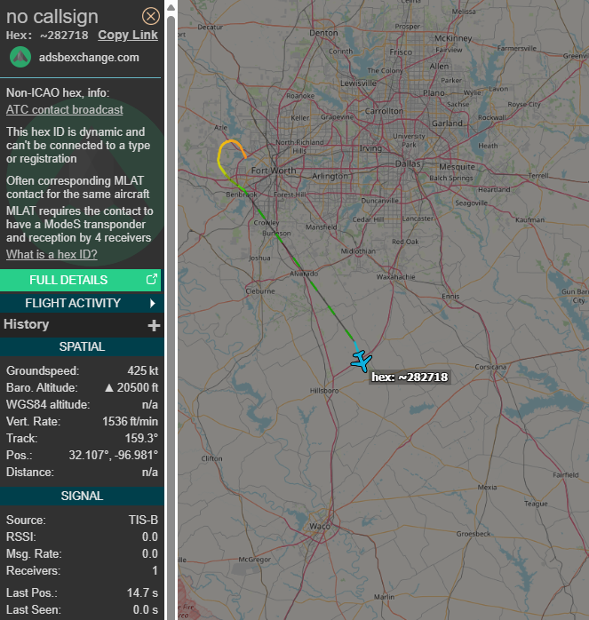 SR_Planespotter's tweet photo. P-8A Poseidon 169554 up today out of NAS Fort Worth, this is the first time they have gone out with no tactical hex, its only a TIS-B track.
They're also 2 hours " late ".
#AE5F43 https://t.co/jIwDzjNHCP