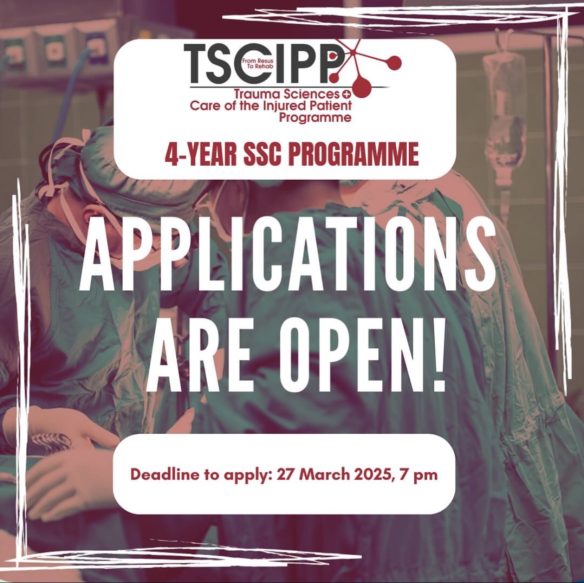 Applications are now open for the TSCIPP SSC!

This is open for MBBS Y1/ GEP Y1 students. The deadline to apply is 7pm on the 27th March 2025.

Click the form below, for more details:
docs.google.com/forms/d/e/1FAI…
