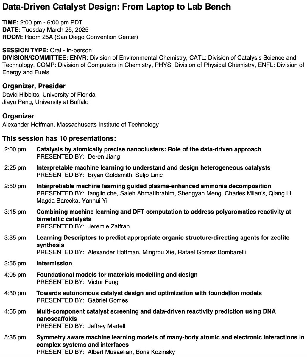 Can’t wait for our #DataDriven catalyst design symposium at #ACSSpring2025 on Tue, 3/25. We have a very exciting lineup of speakers, so please join us if you are around!
I’ll be in San Diego from Sun noon to Wed evening. Looking forward to seeing old friends and making new ones.