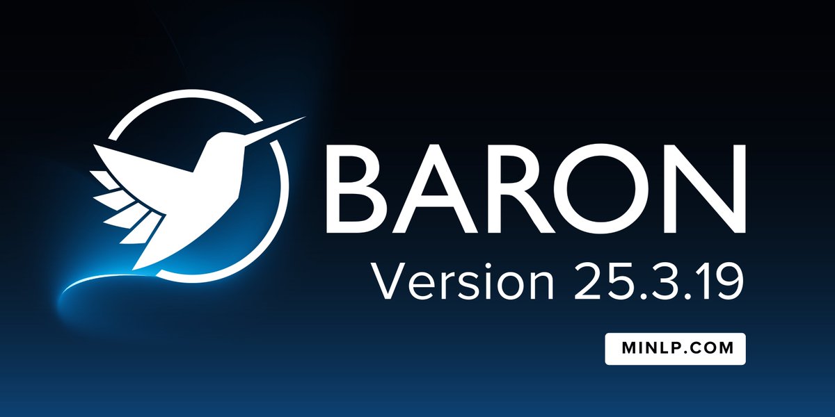 We are pleased to announce BARON 25.3.19. This update includes key improvements and bug fixes for a better user experience, including faster integer presolve and improved cutting plane generation.

Details: mailchi.mp/f6673e6e2009/n… #ORMS