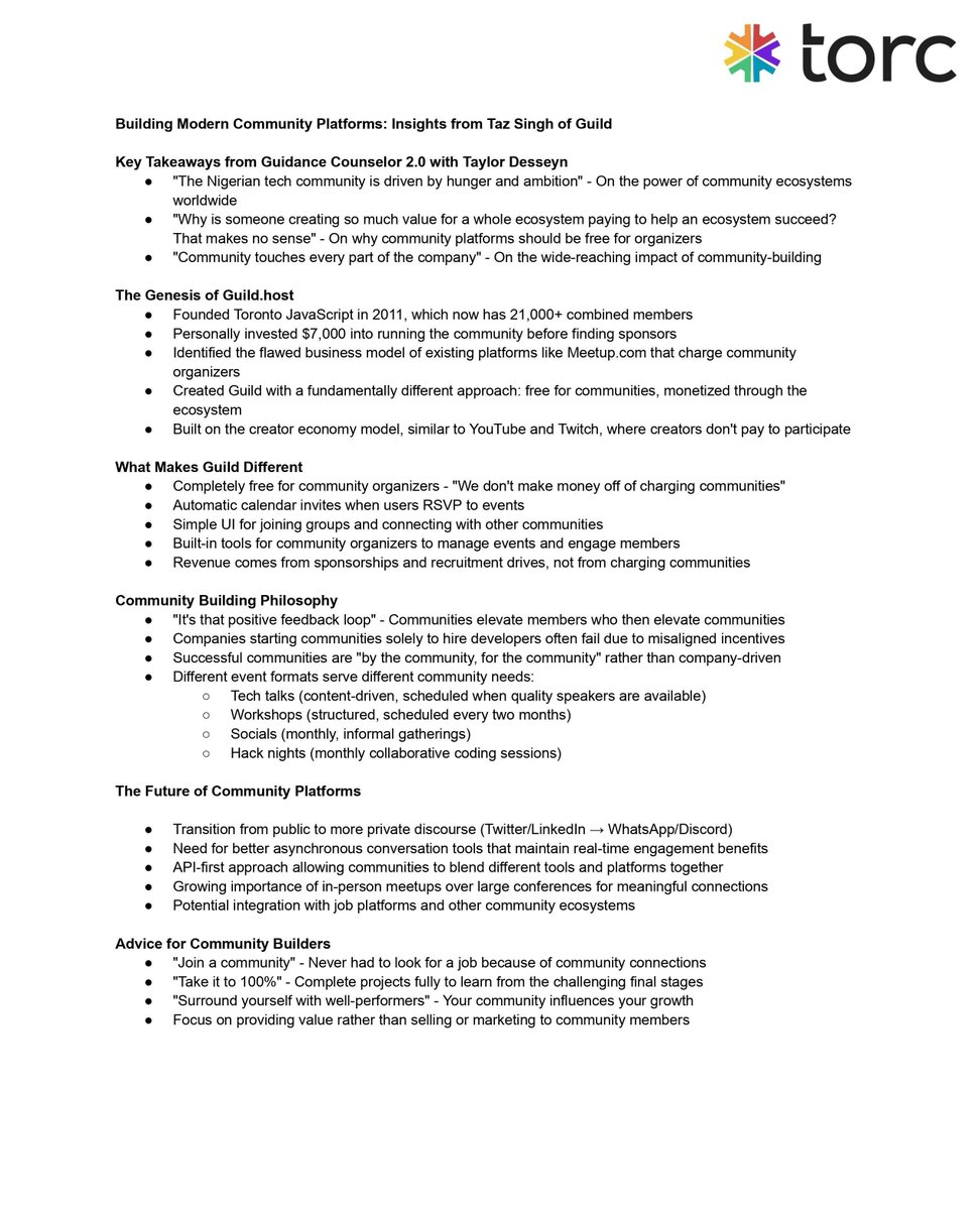 torcdotdev's tweet image. 🚀 "Communities fuel the tech ecosystem, but why should organizers pay to make them successful?" 🔥 @tazsingh from Guild shares how to revolutionize community platforms with no hidden costs.
👀 Check out the key insights in the image below! 👇
#CommunityBuilding #TechEcosystem