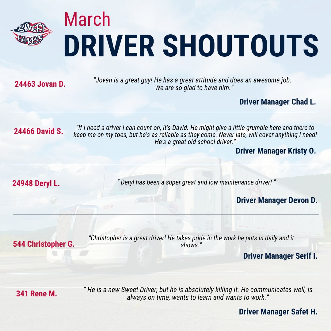 SweetExpressLLC's tweet image. Every month going forward, our driver managers will choose one driver that they believe deserves a shoutout. Great job drivers and keep it up!

#shoutout #trucking #appreciation #employeeappreciation #thankyou #thanks #truck #driver #trucker #truckerlife