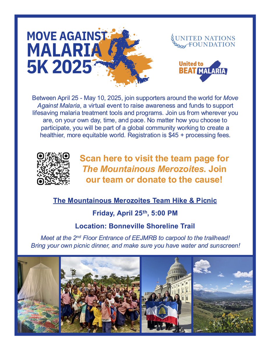 _jenna_reed's tweet image. We have formed a team for the Move Against Malaria 5K! We’d love it if you considered joining our team for our hike on April 25th. We also hope you’ll consider donating to our fundraiser! $10 buys a bed net to protect a child from mosquito-borne diseases.
fundraise.unfoundation.org/team/647736