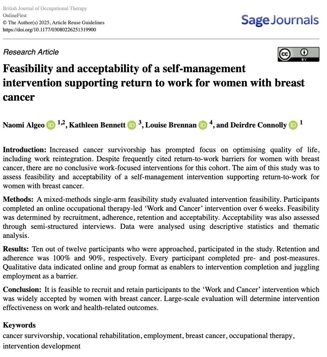 Naomi Algeo (@naomialgeo) on Twitter photo đź“° Return to Work Intervention for Women with Breast Cancer
So delighted that our feasibility paper from my PhD is now published open access <a href="/BJOTeditor/">British Journal of Occupational Therapy</a>.
For more: journals.sagepub.com/doi/10.1177/03… 📰 Return to Work Intervention for Women with Breast Cancer
So delighted that our feasibility paper from my PhD is now published open access <a href="/BJOTeditor/">British Journal of Occupational Therapy</a>.
For more: journals.sagepub.com/doi/10.1177/03…