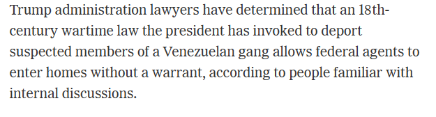 Francisco Rodríguez (@frrodriguezc) on Twitter photo Según el <a href="/nytimes/">The New York Times</a>, el gobierno de EEUU considera que no necesita órdenes judiciales para allanar los hogares de venezolanos en EEUU bajo la Ley de Enemigos Extranjeros. Nótese que la invocación de esta ley se ha limitado a ciudadanos venezolanos (y no de otros países) en EEUU. Según el <a href="/nytimes/">The New York Times</a>, el gobierno de EEUU considera que no necesita órdenes judiciales para allanar los hogares de venezolanos en EEUU bajo la Ley de Enemigos Extranjeros. Nótese que la invocación de esta ley se ha limitado a ciudadanos venezolanos (y no de otros países) en EEUU.