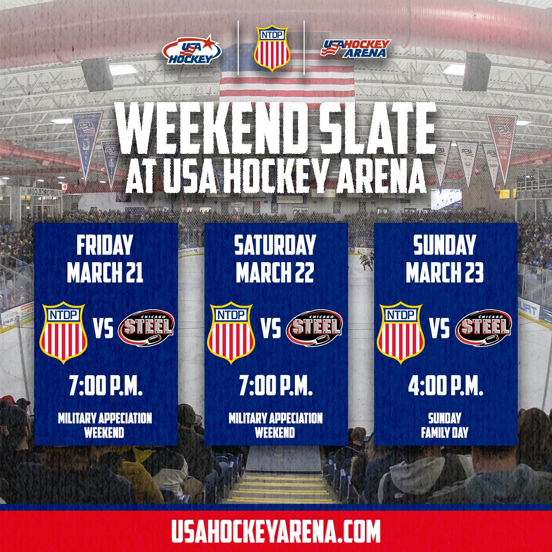 What’s happening at the arena this weekend? 📆   

The @usahockeyntdp U18s start us off on Friday and Saturday for military weekend. Then it's the U17s turn finishing the big weekend with Chicago on Sunday.  🇺🇸

Tickets: bit.ly/3s9YcG0 / 734-453-8400