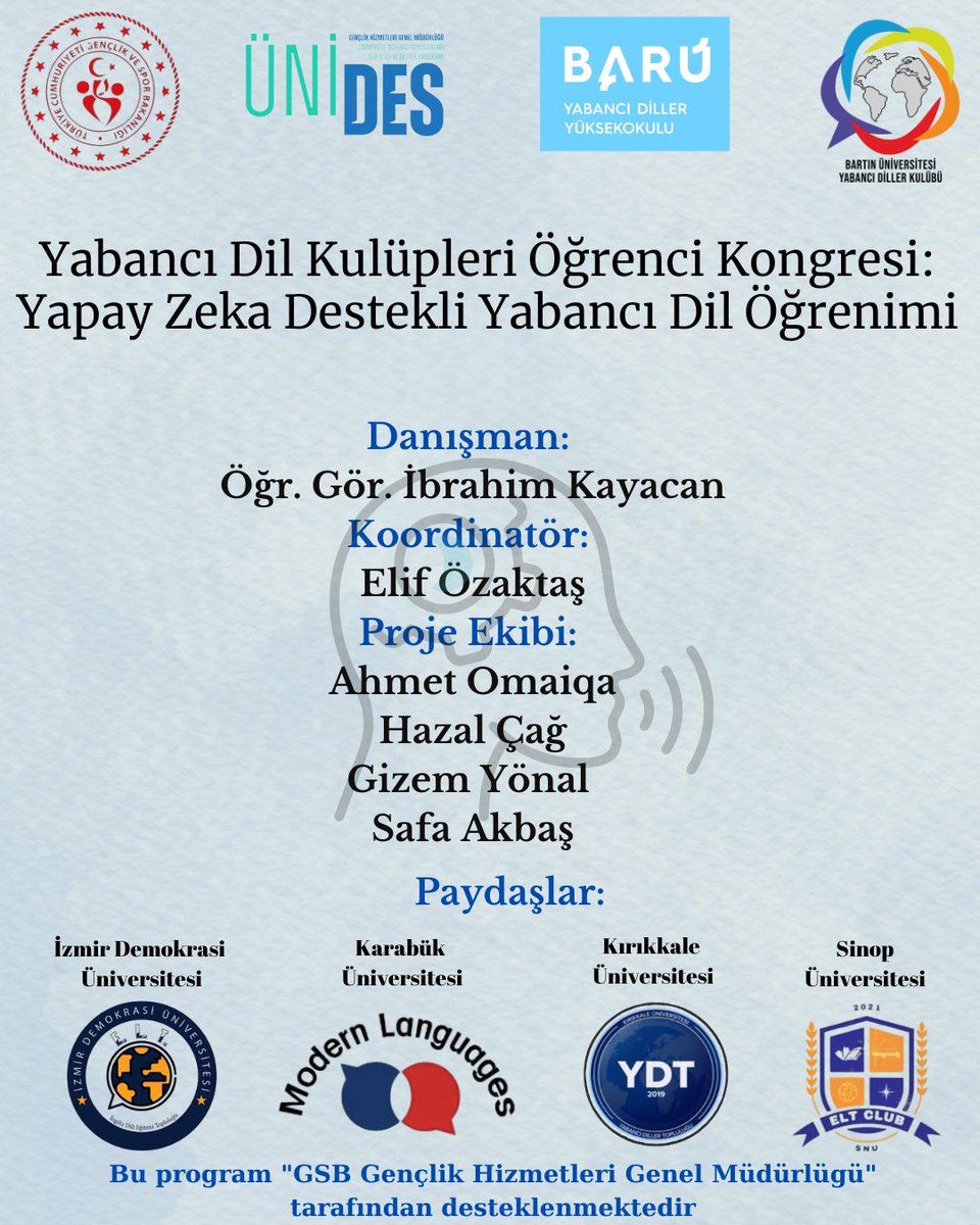 Bartın Üniversitesi Yabancı Diller Kulübü (@bartinydk) on Twitter photo “Yabancı Dil Kulüpleri Öğrenci Kongresi: Yapay Zeka Destekli Yabancı Dil Öğrenimi” adlı proje ÜNİDES kapsamında ulusal düzeyde destek almaya hak kazandı. <a href="/baru_sksdb/">BARÜ Sağlık, Kültür ve Spor DB</a> <a href="/BARU_YDYO/">BARÜ Yabancı Diller Yüksekokulu</a> “Yabancı Dil Kulüpleri Öğrenci Kongresi: Yapay Zeka Destekli Yabancı Dil Öğrenimi” adlı proje ÜNİDES kapsamında ulusal düzeyde destek almaya hak kazandı. <a href="/baru_sksdb/">BARÜ Sağlık, Kültür ve Spor DB</a> <a href="/BARU_YDYO/">BARÜ Yabancı Diller Yüksekokulu</a>