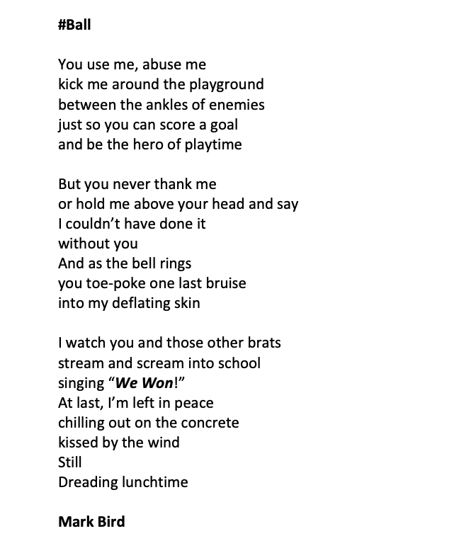 dreambeastpoems's tweet photo. Fancy a new weekly #wordprompt called "Personify This". Write a #poem or #microfiction piece from an inanimate object's point of view. This week the word is #ball Here's mine to start ...
#PersonifyThis #Personification #poetrychallenge #poetryprompt https://t.co/V6tulGMf5d