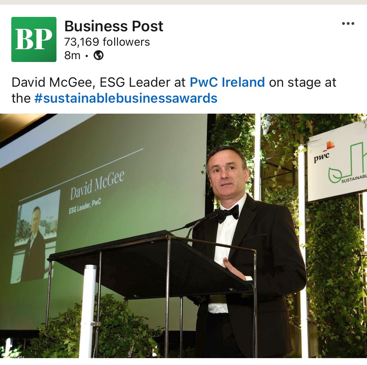 Delighted to be at the <a href="/businessposthq/">Business Post</a> <a href="/PwC/">PwC</a> Sustainable Business Awards..
Fascinating keynote address from Sue Garrard
<a href="/DanielTMurray/">Daniel Murray</a> <a href="/AarRogan/">Aaron Rogan</a> <a href="/peterodwyer1/">Peter O' Dwyer</a> <a href="/LRoddy_/">Laura Roddy</a> <a href="/VishGain/">Vish Gain</a> 
<a href="/sarahmurphy1987/">Sarah Murphy</a>