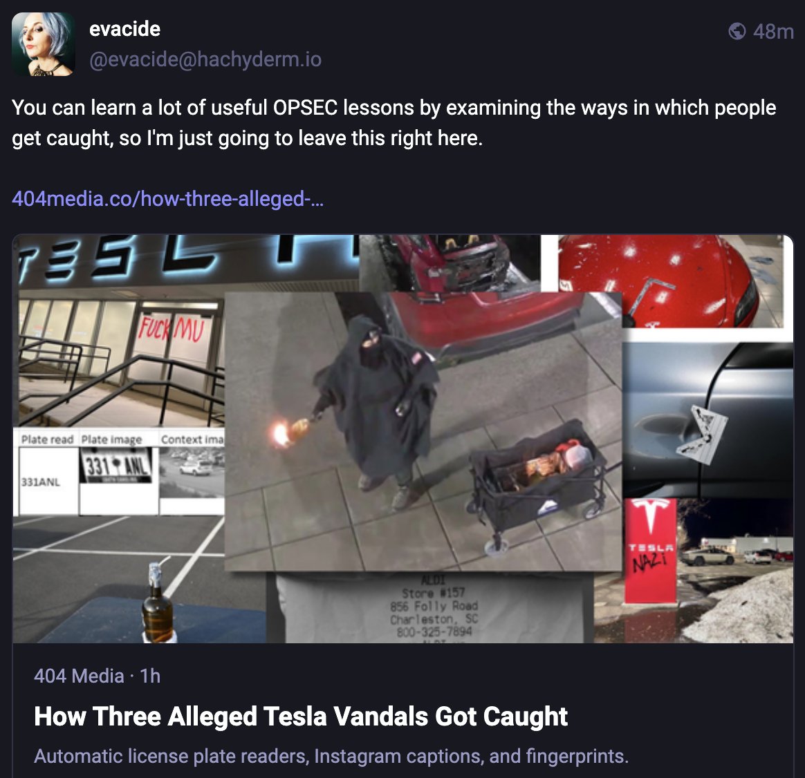 LundukeJournal's tweet image. Director of The Electronic Frontier Foundation (@EFF):
- Advising people how to hide their identity while vandalizing @Tesla cars.
- Advising people "critical of the US" on how to hide things while crossing the border.
- Also encouraging people to... "fight".