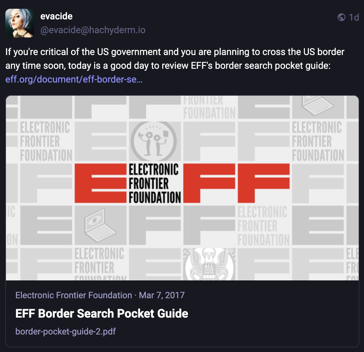 LundukeJournal's tweet image. Director of The Electronic Frontier Foundation (@EFF):
- Advising people how to hide their identity while vandalizing @Tesla cars.
- Advising people "critical of the US" on how to hide things while crossing the border.
- Also encouraging people to... "fight".