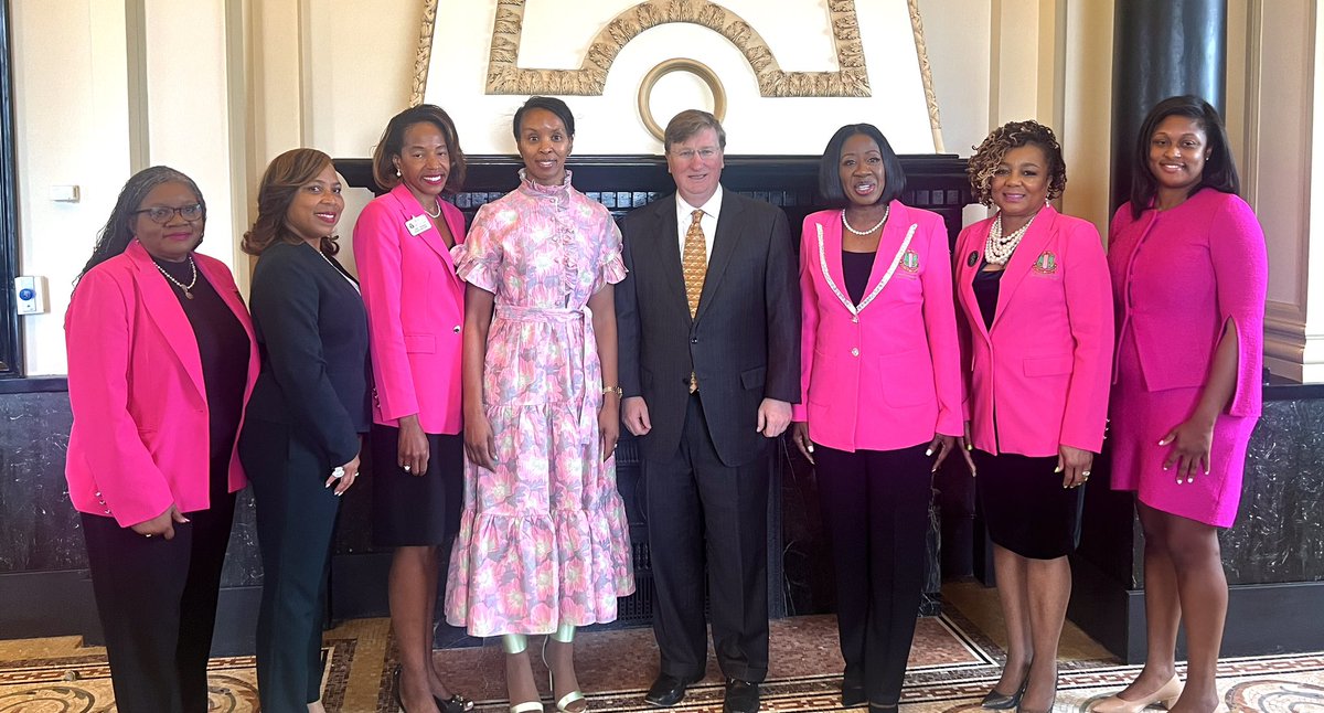 repcockerham's tweet image. AKA Day at the Mississippi Capitol is more than a gathering — it’s a movement. Proud to stand with my Alpha Kappa Alpha sorors to advocate for the issues that matter most. Thank you Governor @tatereeves for being engaging and gracious during our discussions. 💕💚