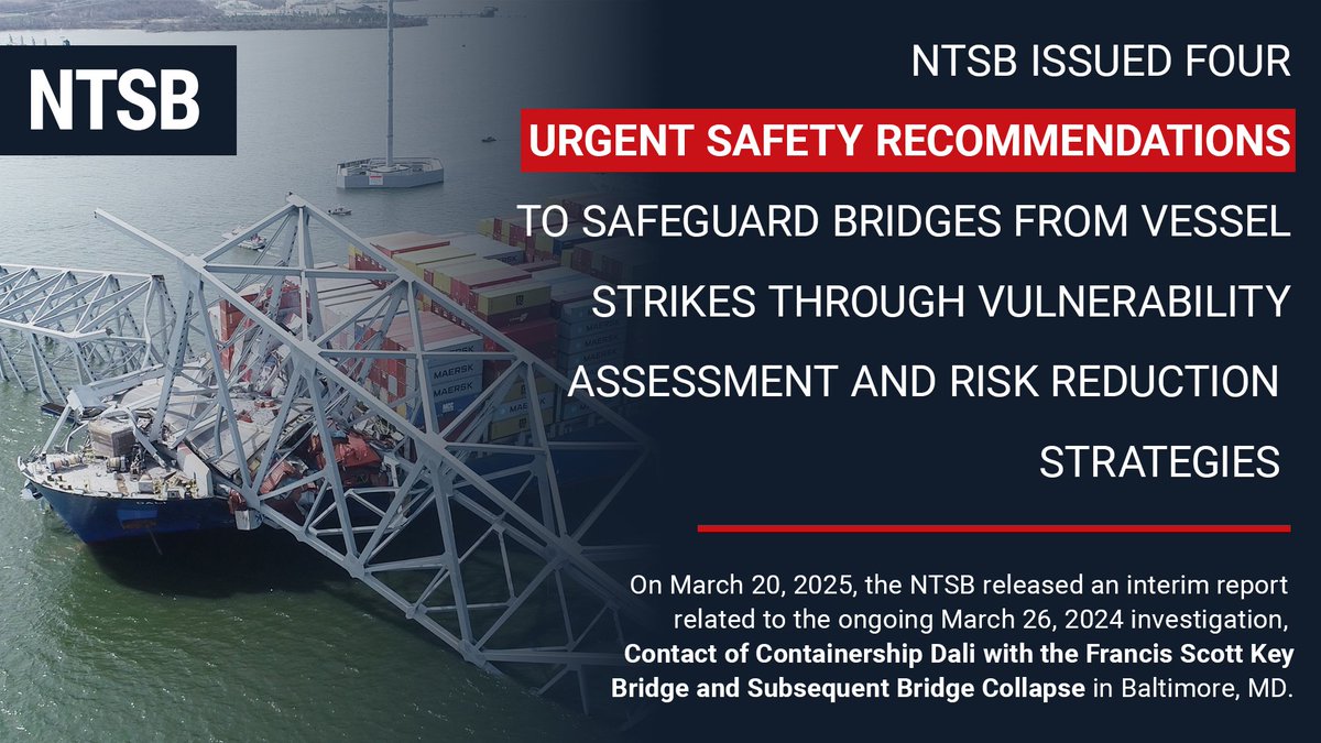 Today, the NTSB issued four urgent safety recommendations to select bridge owners, the Federal Highway Administration (FHWA), the US Coast Guard, and the US Army Corps of Engineers to safeguard bridges from vessel strikes. Read the interim report: ntsb.gov/investigations…