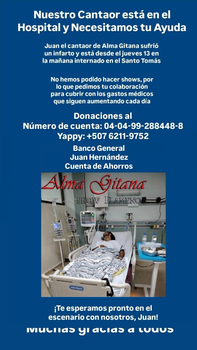 Si han ido al restaurante La Malagueña, muy seguramente han visto el show de flamenco de Alma Gitana con su líder "Juan", el gitano cantaor y bailaor.
Lamentablemente, a pesar de tener sólo 46 años, sufrió un infarto y necesita apoyo para los gastos hospitalarios.
Por favor RT🙏🏼