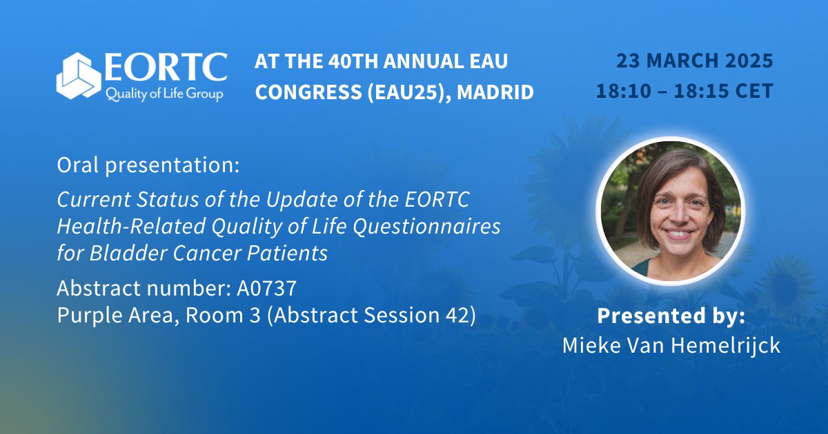 EORTC Quality of Life Group (QLG) (@eortc_qlg) on Twitter photo 🚨Heading to #EAU25 this weekend?
Don’t miss the session on Bladder Cancer Management: Prof. Mieke Van Hemelrijck & the TOUR team will share the latest on the update of the <a href="/EORTC/">EORTC</a> #BladderCancer #QualityofLife questionnaires.
<a href="/Uroweb/">European Association of Urology (EAU)</a>
<a href="/ElkeRammant/">Elke Rammant</a>
scientific-programme.uroweb.org/EAU25/speakers… 🚨Heading to #EAU25 this weekend?
Don’t miss the session on Bladder Cancer Management: Prof. Mieke Van Hemelrijck & the TOUR team will share the latest on the update of the <a href="/EORTC/">EORTC</a> #BladderCancer #QualityofLife questionnaires.
<a href="/Uroweb/">European Association of Urology (EAU)</a>
<a href="/ElkeRammant/">Elke Rammant</a>
scientific-programme.uroweb.org/EAU25/speakers…