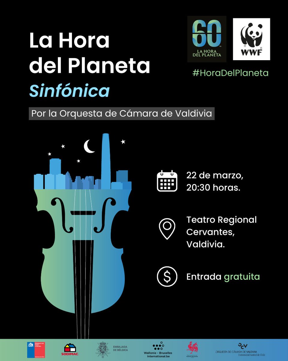 🌱🎻Este sábado 22 de marzo somos parte de #LaHoraDelPlaneta junto a <a href="/WWFChile/">WWF Chile</a> en dos conciertos simultáneos con obras chilenas de estreno de #EleonoraColoma y #TomasBrantmayer,  #OrquestaUsach y #OrquestaCámaraDeValdivia 
Gratis! portaldisc.com/evento/orquest…