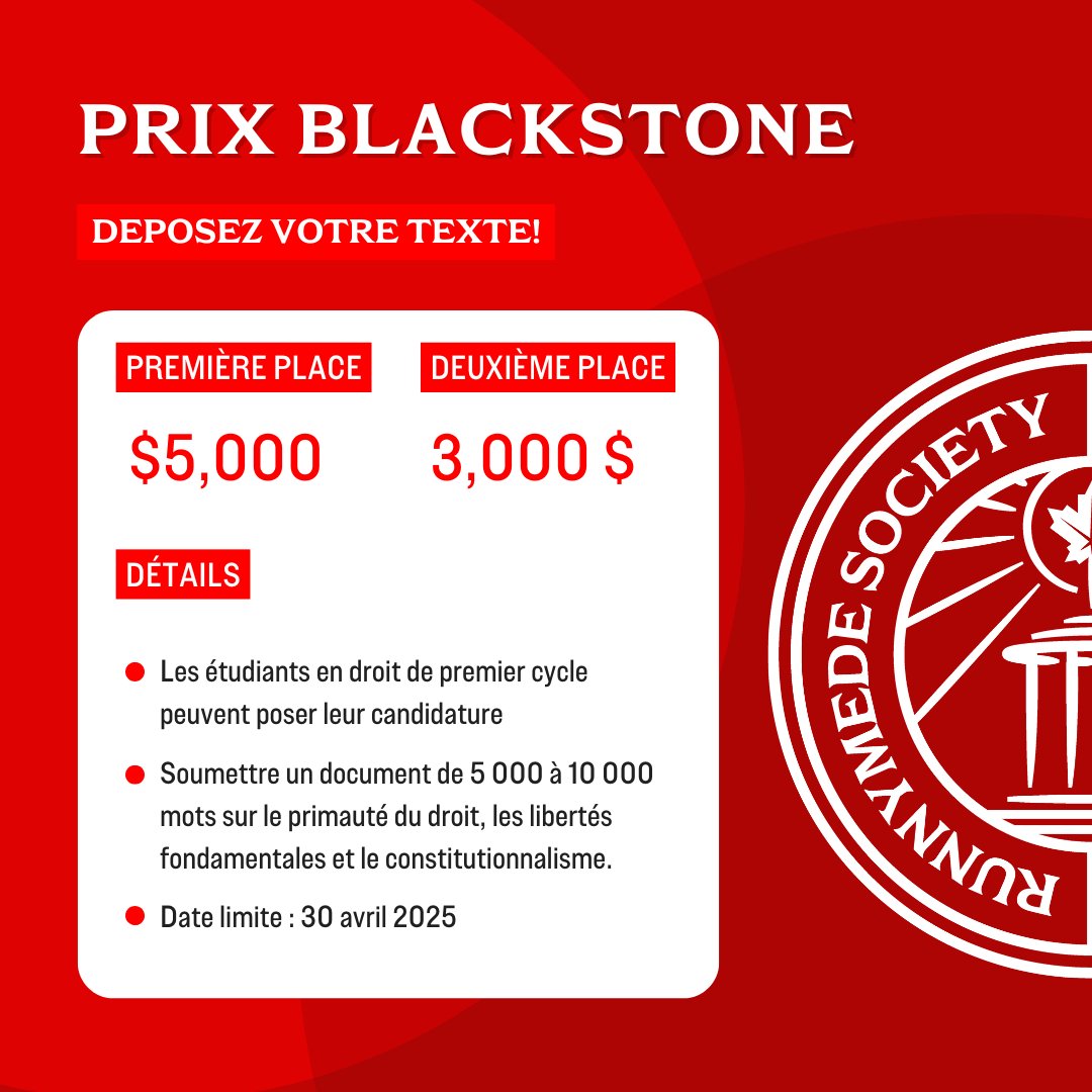 Appel à tous les étudiants en droit, stagiaires et auxiliaires juridiques canadiens ! La Runnymede Society accepte maintenant les soumissions pour le Prix Blackstone !

Date limite : 30 avril 2025.

Détails : runnymedesociety.ca/blackstone-pri…