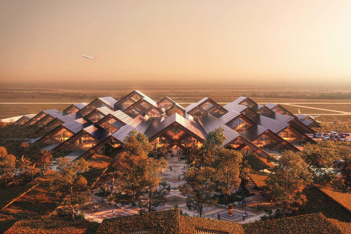 Bhutan is about to get a new airport. Designed by <a href="/BIG_Architects/">BIG</a>, Gelephu International will serve the country's new Gelephu Mindfulness City and feature a modular diagrid structure made of locally sourced glulam timber, decorated with traditional Bhutanese painted carvings.