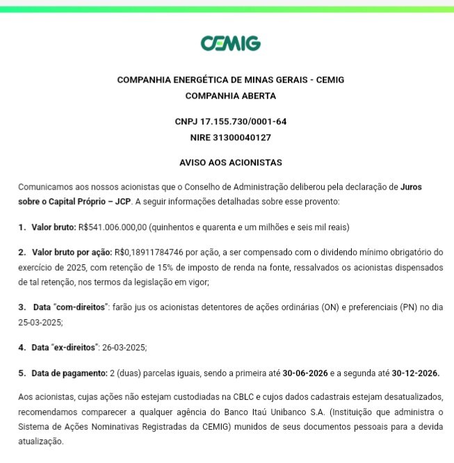 QDividendos's tweet photo. CEMIG anuncia pagamento de JCP!!!
#Queroganhardividendos #CEMIG ##CMIG3 #CMIG4 #Dividendos #JCP #Proventos https://t.co/W7n5c8oSGH