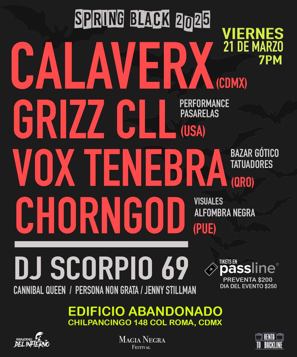 Amigos de CDMX 🦇
Nos vemos este viernes para este eventazo en la terraza de un edificio con una vista padrísima, estaremos compartiendo escenario con amigos de USA, Querétaro y Puebla, puro Post Punk y música electrónica oscura, todos invitados.