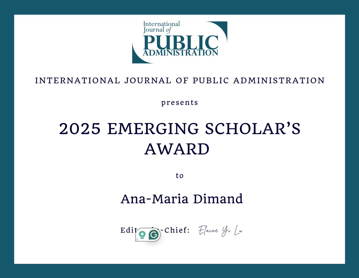 🚨 Award Alert! 🚨
The IJPA Emerging Scholar Award goes to <a href="/AnaDimand/">Ana-Maria Dimand</a> from <a href="/askewschoolfsu/">Askew School at FSU</a>! 🏆
Check out her latest article on #IJPA:
🟢 Collaborative Governance &amp; Sustainability
📖 Read here (Open Access): tandfonline.com/doi/full/10.10…
<a href="/sungho_park0108/">Sungho Park</a> <a href="/MengYe_Emma/">Meng Ye</a> <a href="/tandfonline/">Taylor & Francis Research Insights</a>