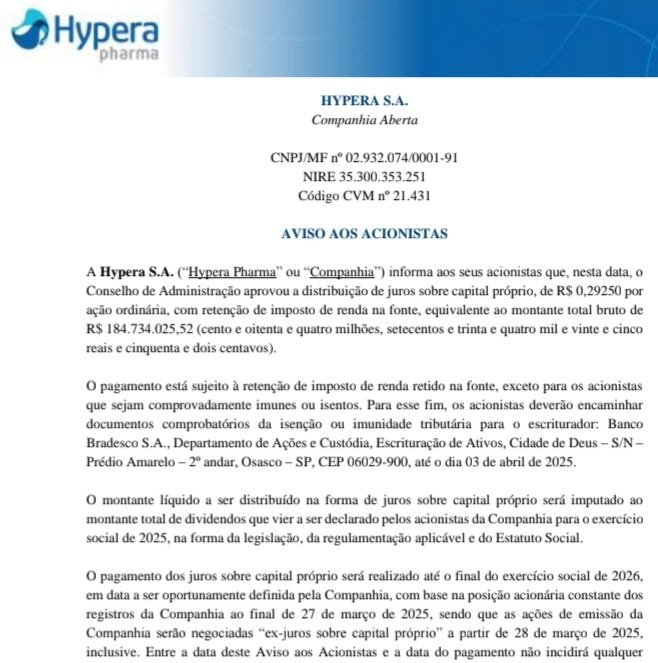 QDividendos's tweet photo. Hypera Pharma anuncia pagamento de JCP!!!
#Queroganhardividendos #Hypera #HYPE3 #Dividendos #JCP #Proventos https://t.co/BWnpkMl4rB