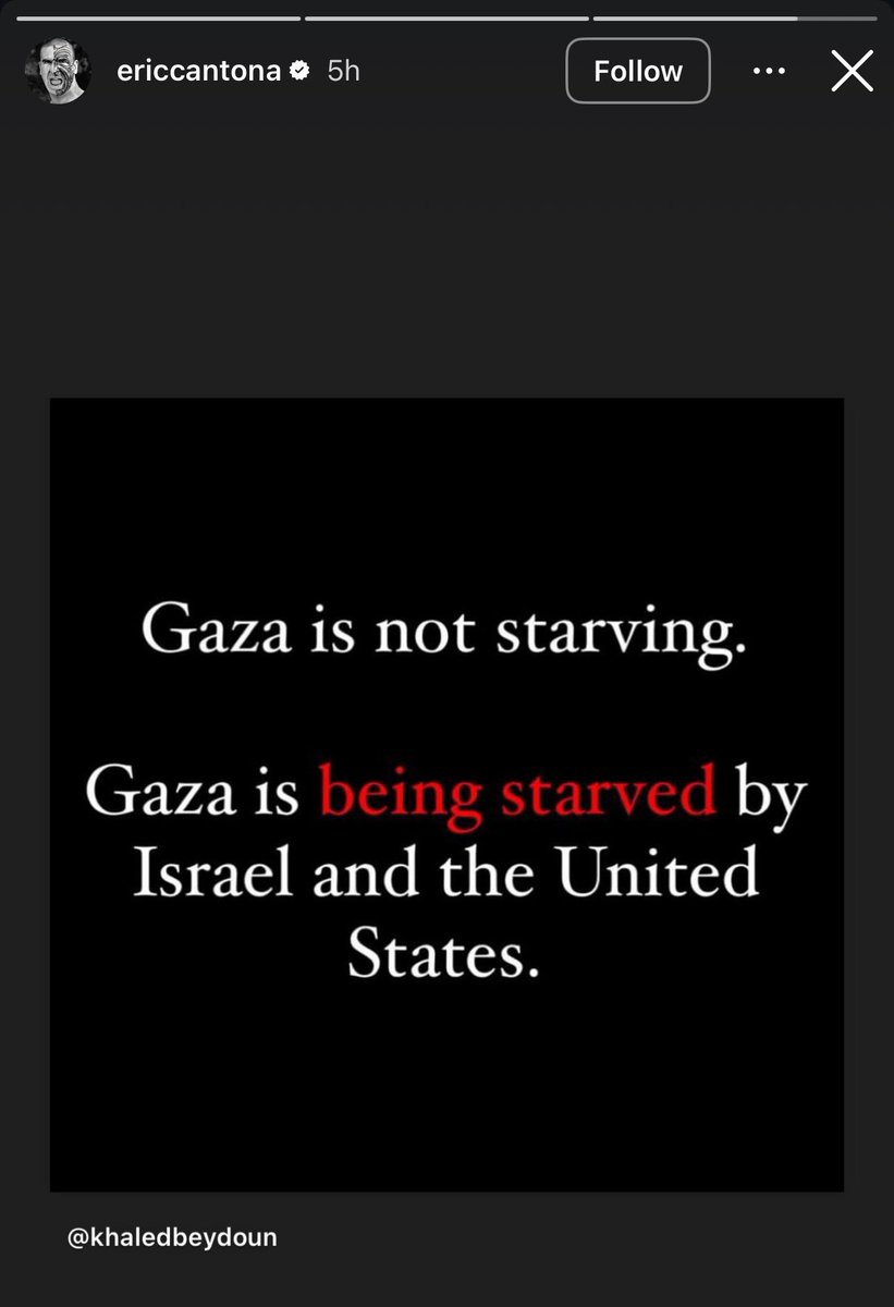 🚨🚨🚨🚨🚨 الأسطورة إيريك كانتونا IG:

غزة لا تتضور جوعًا.

بل غزة يتم تجويعها من قِبل إسرائيل والولايات المتحدة.