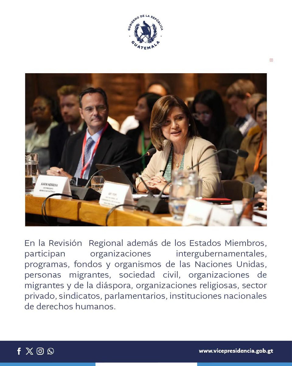 1/3 

La vicepresidenta Karin Herrera  participó en la II Revisión Regional del #PactoMundial para una migración segura, ordenada y regular organizada por la Cepal en la ciudad de Santiago, Chile. 

📰 En el siguiente boletín pueden encontrar la información de sus actividades: