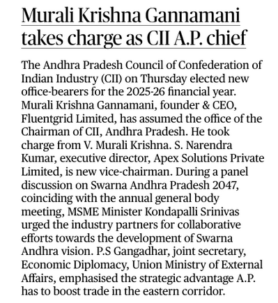 DigitalValley_'s tweet photo. #Fluentgrid Founder and CEO, a #Rushikonda #IT Park company #Vizag, takes charge as #CII #AndhraPradesh Chairman! Congratulations and Best wishes for a successful term. https://t.co/amznCQY3qv