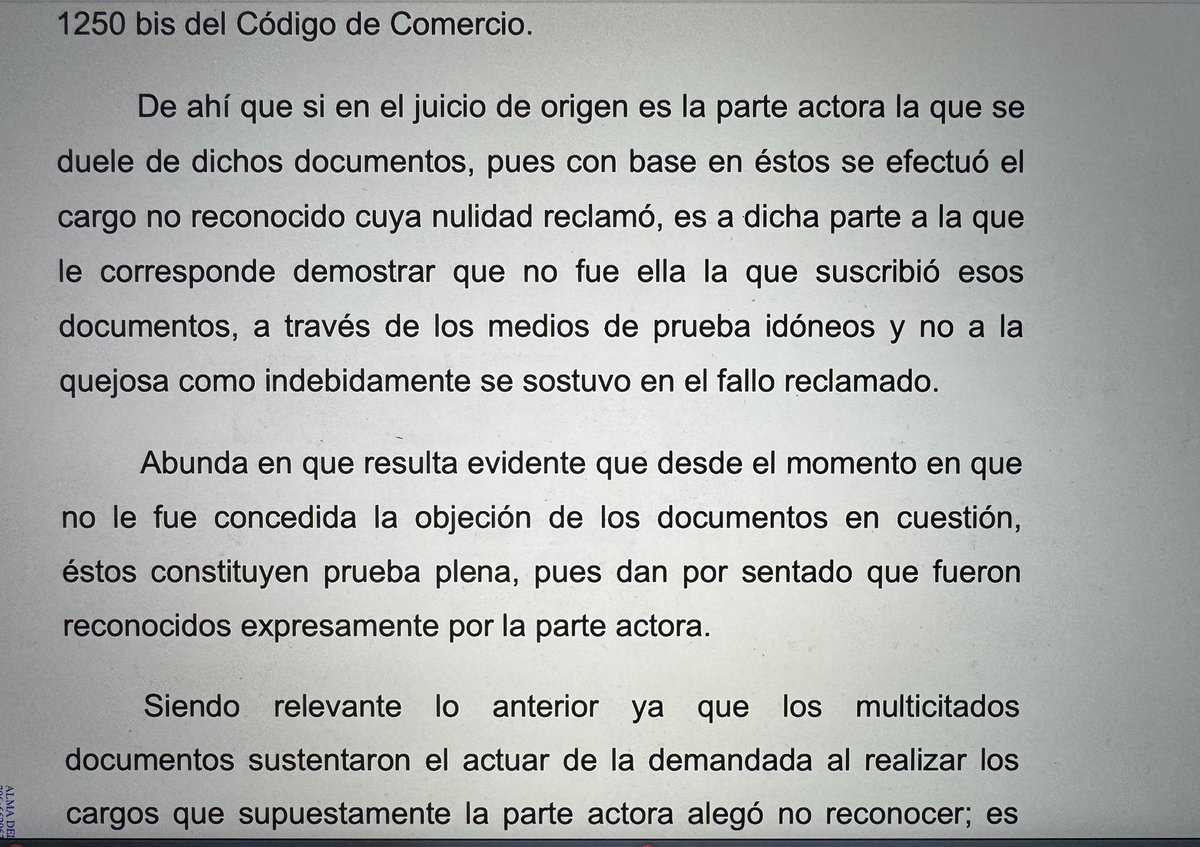 LCoanaBe's tweet photo. ¿Las instituciones bancarias deben tener la carga probatoria en todos los casos donde se reclame la nulidad de un contrato de crédito?

Es sabido que la doctrina jurisprudencial de la SCJN ha establecido que los bancos tienen la carga probatoria cuando se reclama la nulidad de cargos no reconocidos o transferencias electrónicas; empero, es distinto cuando la parte actora reclama una nulidad del contrato de crédito, pues en esos casos es a dicha parte a la que corresponde acreditar el motivo por el que lo considera nulo.

Recientemente, en Coaña Aguirre Abogados acabamos de ganar un amparo sobre el tema. Si quieres la versión pública de la sentencia y de la demanda:

✅dale me gusta y RT a esta publicación 
✅en los comentarios déjame tu correo electrónico para enviar los documentos.

En el transcurso de la semana entrante estaremos enviando la demanda y la sentencia.