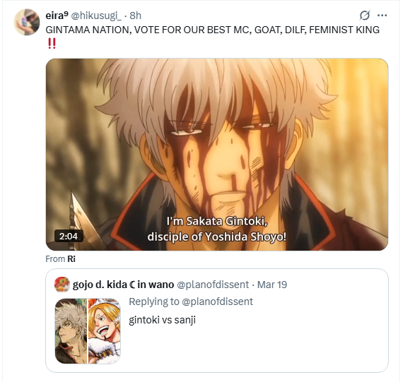 Ruthieweber72's tweet photo. There is nothing I love more than seeing the Gintama fandom rise like cicadas specifically when there's a Twitter poll with Gintoki on the line. https://t.co/RTqoeRLwMl
