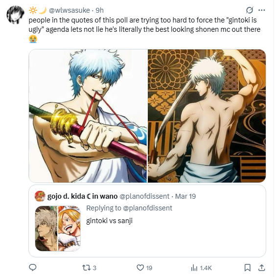 Ruthieweber72's tweet photo. There is nothing I love more than seeing the Gintama fandom rise like cicadas specifically when there's a Twitter poll with Gintoki on the line. https://t.co/RTqoeRLwMl