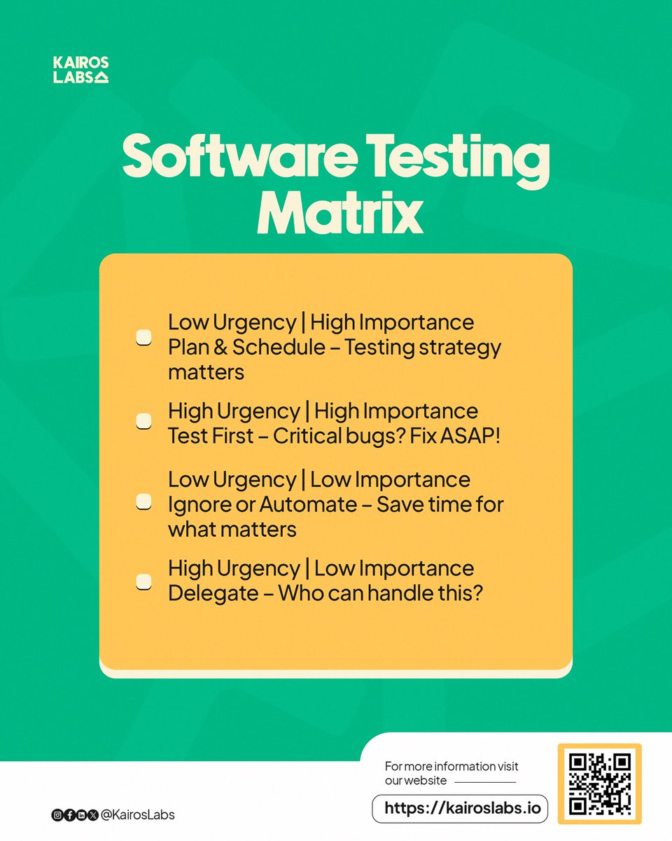 Kairoslabs_io's tweet image. Not all bugs are created equal! Knowing what to fix first can save time, money, and sanity. Use this matrix to prioritize like a pro.
Which category do most of your bugs fall into? Drop a comment!
#SoftwareTesting #BugFixing #TechHacks #SmartTesting #ITCareer…