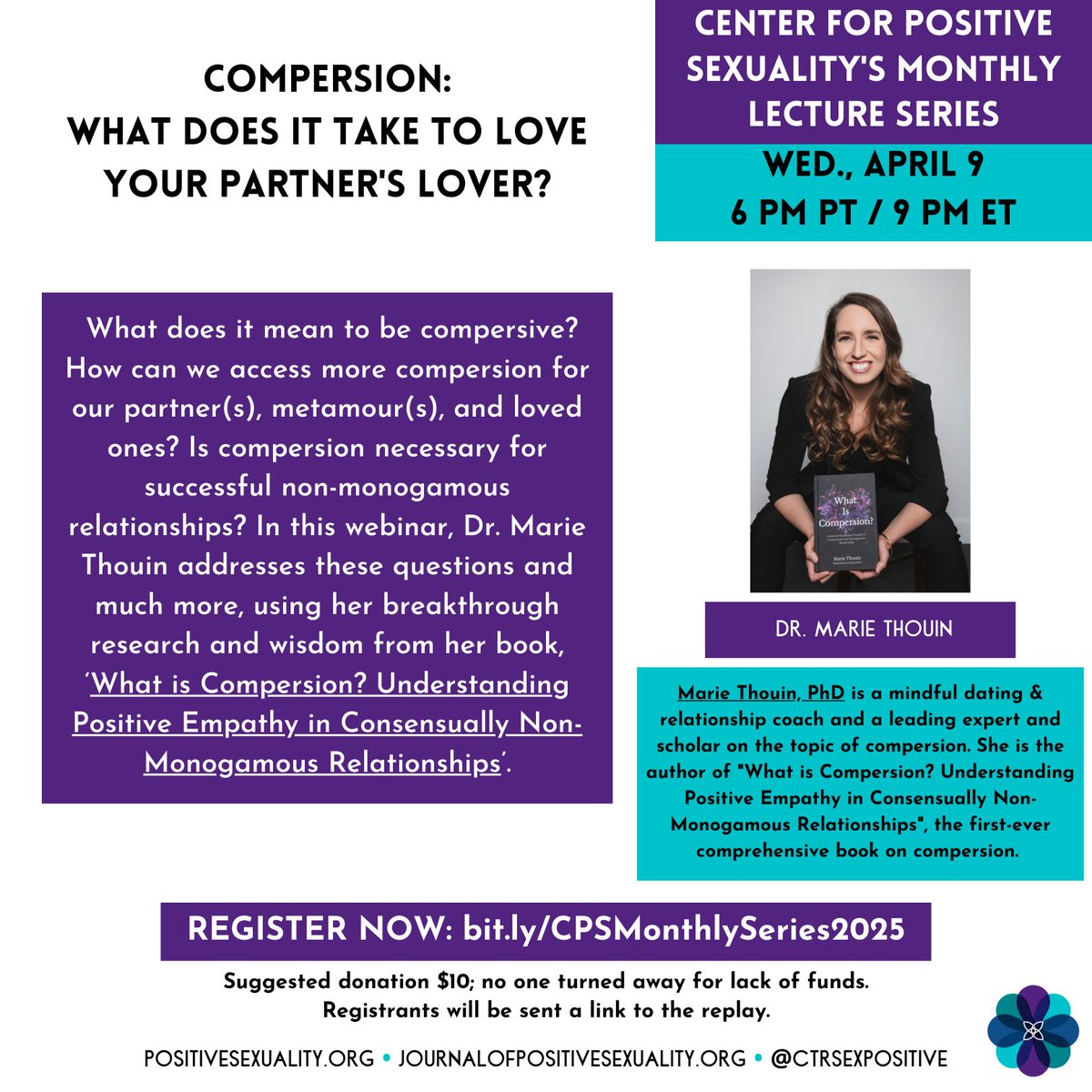 Join us April 9th for the next Monthly Series!

REGISTER NOW: bit.ly/CPSMonthlySeri…

Compersion: What Does it Take to Love Your Partner's Lover? with Dr. Marie Thouin

$10 sugg donation
Registrants will receive a limited time replay link
No one turned away for lack of funds