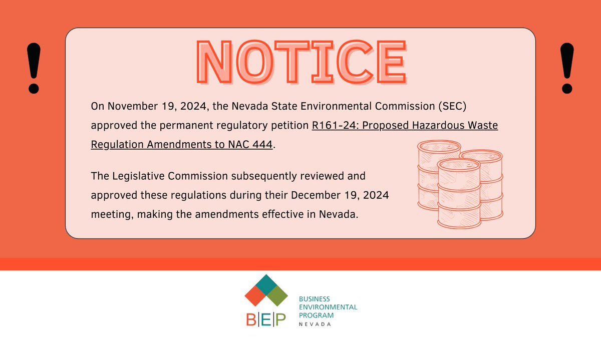 We've provided the entire document covering the regulatory proposition and amendment in our LinkTree, available in our bio.

Feel free to contact BEP at the link in our bio with any questions you may have about the regulatory amendments. 📥

#NvBEP #HazardousWasteRegulation