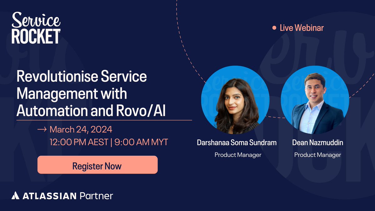 ServiceRocket's tweet image. 🚀 Transform service management with AI! Join our webinar on 24th March to discover Rovo AI&apos;s impact. Enhance efficiency &amp;amp; customer experiences. Register Now ➡️ svcrk.et/4ijVZCE

@Atlassian #AtlassianAI #Rovo #ServiceManagement