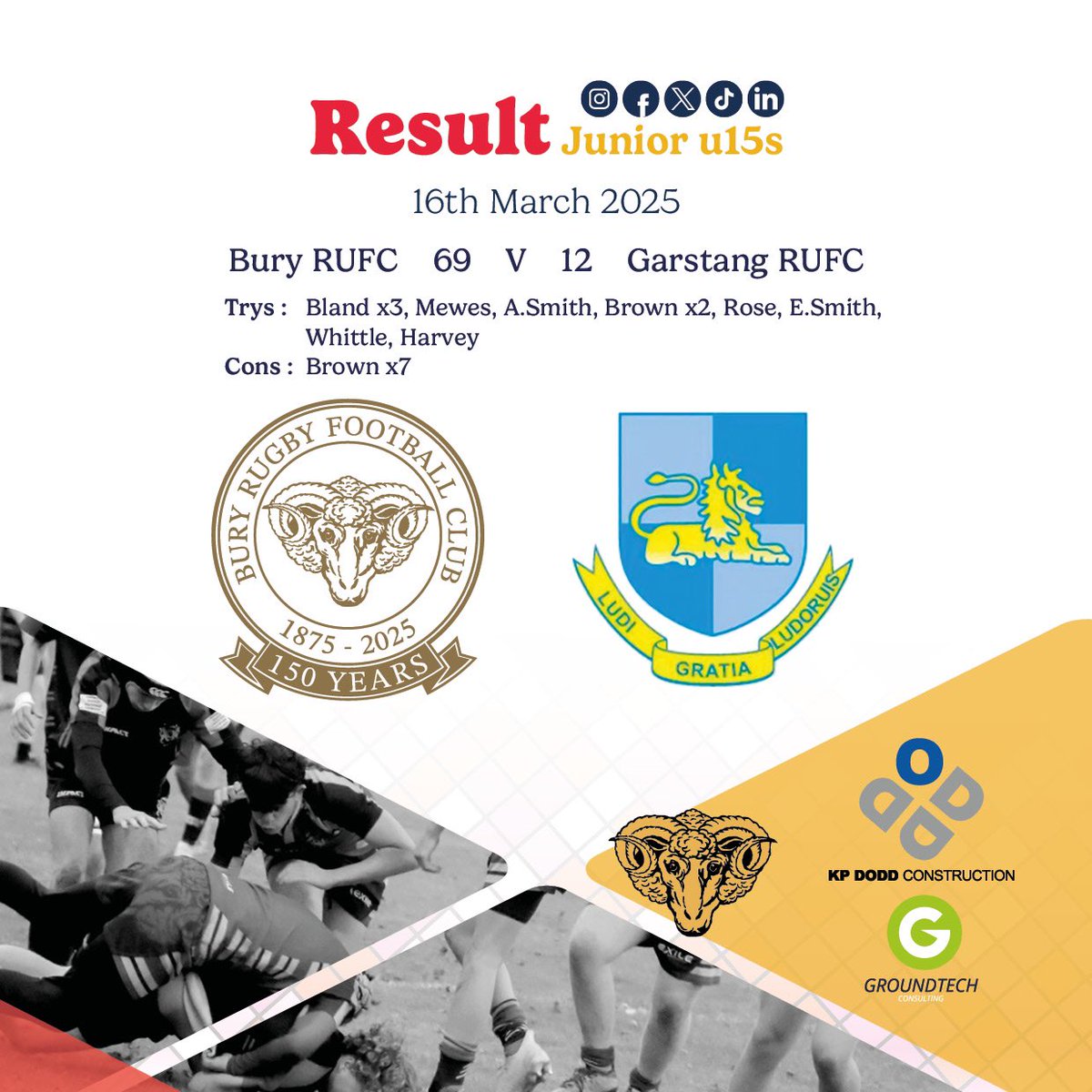 Bury RUFC Juniors 
Last weeks Results and weekend’s fixtures!
Sunday 23/03
u16s | Away | Aldwinians | KO 11:00
Lancashire Bowl Semi final
U15s | Training | 10:00
U14s | Home | Aldwinians | KO 11:00
Development Cup Semi Final

All home and away support welcome as always. 
#rugby
