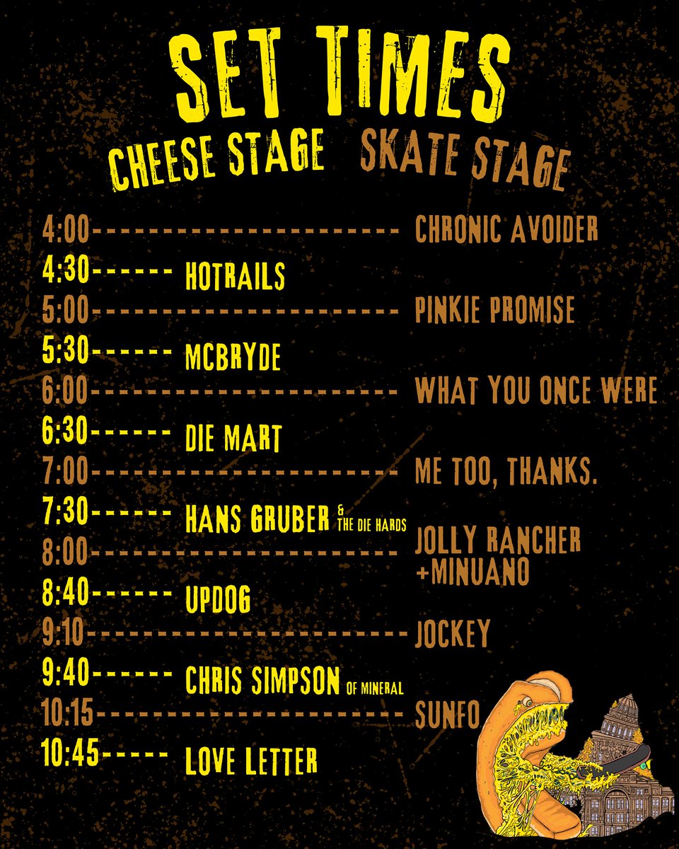 2 days till Cheeseskate! 

15 bands
20 vendors
2 stages
1 sandwich*

*there's physically more than 1 sandwich, but like 1 type of sandwich, ya know?