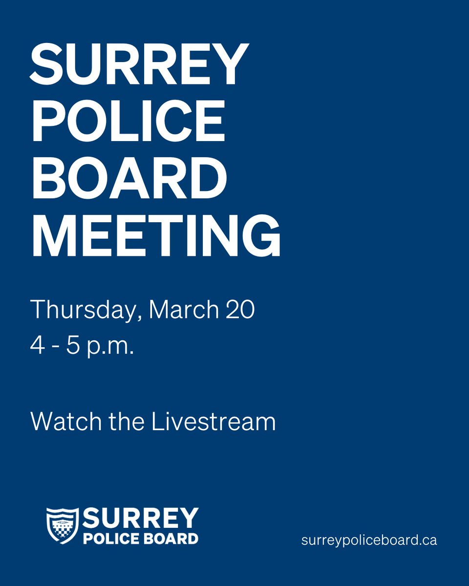 SPSBoard's tweet image. The Surrey Police Board meeting will take place today from 4pm - 5pm at City Hall. If you&apos;d like to watch online, please follow this link for the livestream: bit.ly/4hrh3FZ