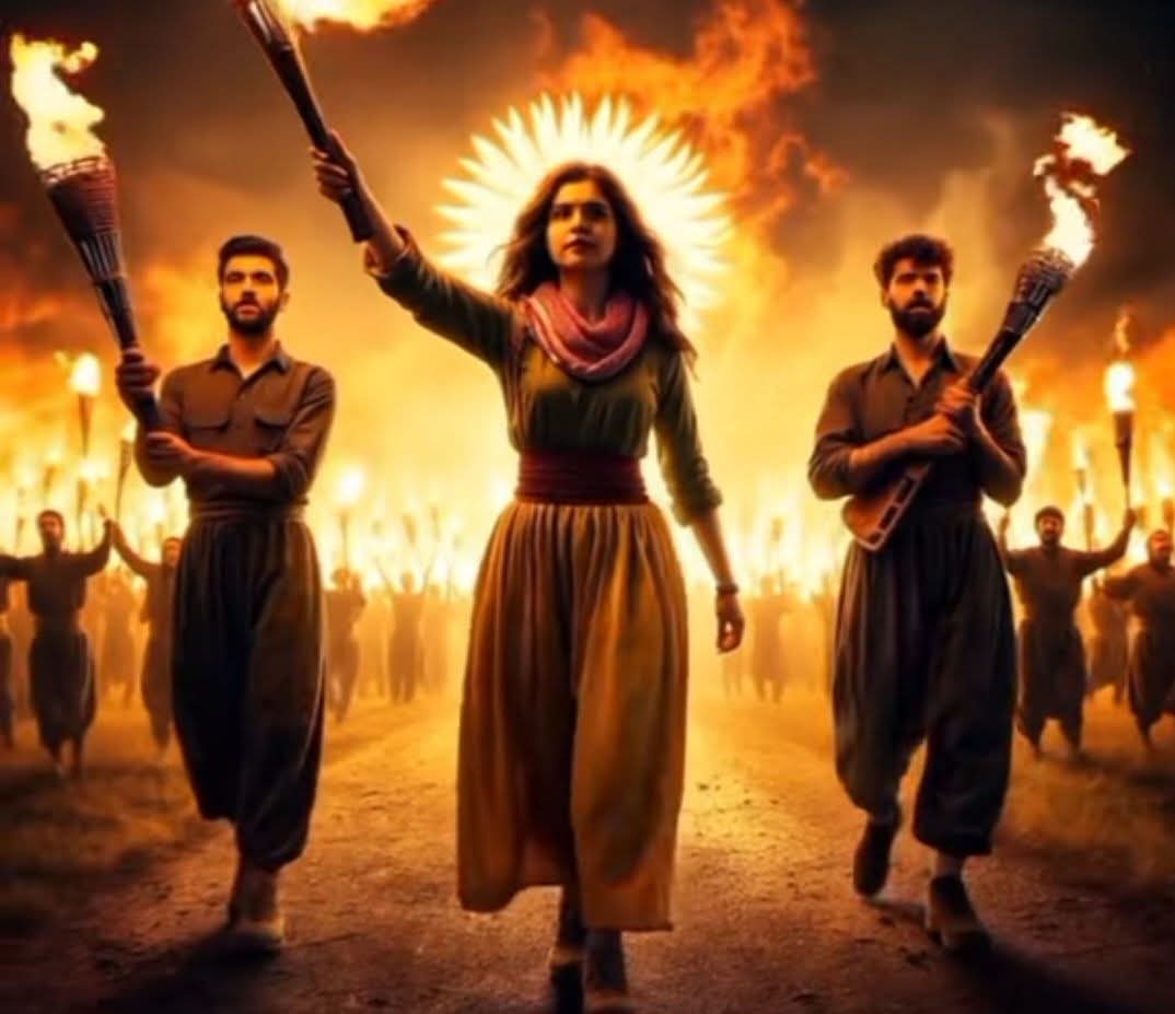 Li mêrga me dibezin gur û çeqel tev rovî,

Li qada me dibezin mar û dehaq bi hovî.

Bi sala me sebirkir me dît dijmin çi dikir,

Bi dil û can bi xebat me xwe îro hazirkir..

Banga kawayê hesinkar , berì ku êrîşê qedra dehaq bike ev bú ji gelra.
Bi van hestan cejna we pirz be.  ..