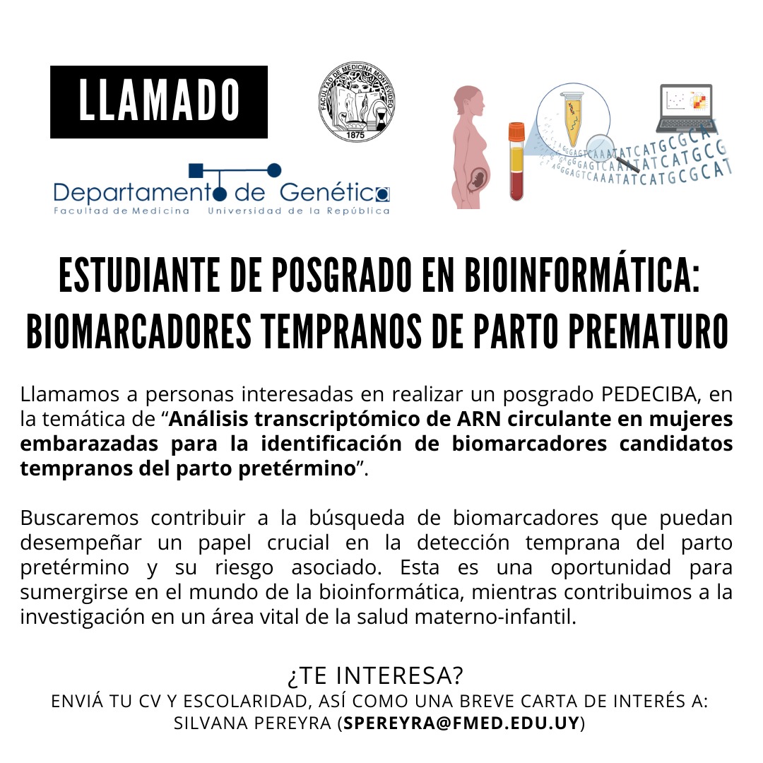 🟥 ATENTOS 🟥

Convocatoria a estudiante para tesis de posgrado en Bioinformática o Ciencias Biológicas (PEDECIBA).

Más información a continuación: