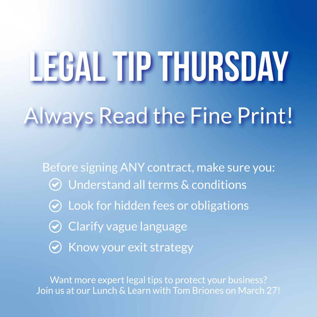 TheAHCNM's tweet image. #LegalTipThursday 🔍💼
“Always Read the Fine Print!” 📝

Want more expert legal tips to protect your business? 📢 Join us at our Lunch &amp;amp; Learn with Tom Briones on March 27!
heyor.ca/L0RTW9 

#LunchAndLearn #BusinessProtection #AvoidLegalFees #SmallBizTips #AHCC